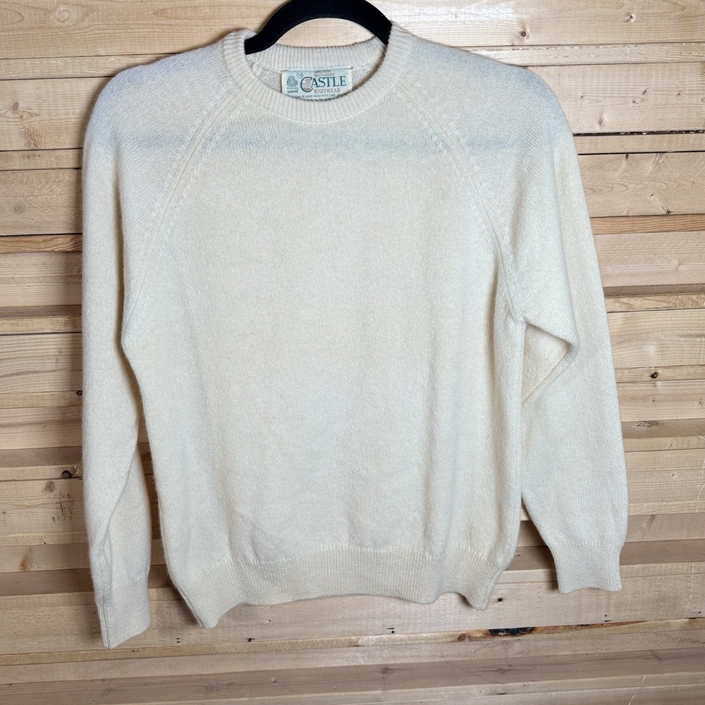 Castle Knitwear‎ Cream Lambswool Sweater Made in Ireland Crewneck Mens Size 38